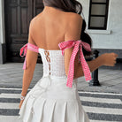 Langry fashion white lace dress with red gingham bows and pleated skirt in Sweet Pink Plaid Stitching Boning Corset ملابس
