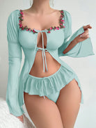 Elegant big red split skirt lingerie with light mint green sheer top and pink floral embroidery