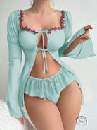 Elegant big red split skirt lingerie with mint green floral top