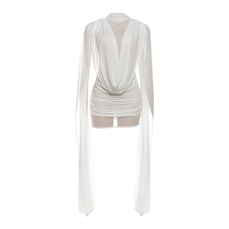 Elegant langry fashion white draped cardigan with deep V-neck and long sleeves