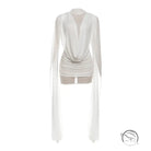 Elegant langry fashion white draped cardigan with deep v-neck and long sleeves in mesh ribbon hip wrapped dress