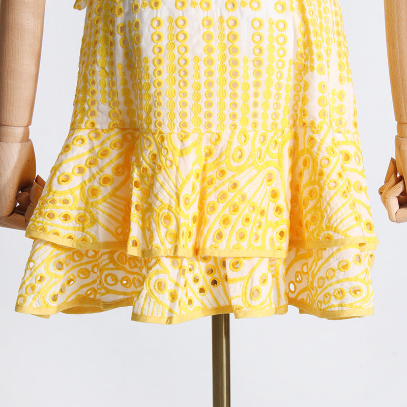 Yellow eyelet lace Summer Machine Embroidery dress with ruffles, a perfect fashion choice