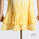 Yellow eyelet lace summer machine embroidery dress with waist slimming ruffle skirt