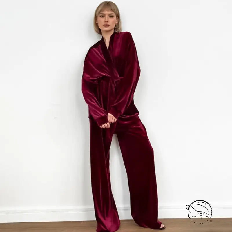 Burgundy velvet robe and palazzo pants in comfortable cardigan thermal set
