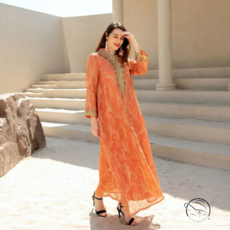 Enchanting Middle East langry fashion dress in orange embroidery, bell sleeves, high neckline