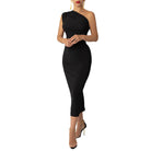 Elegant langry fashion one-shoulder black midi dress with ruching
