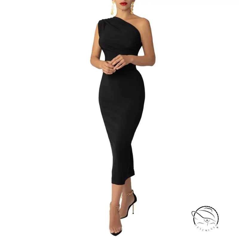 Sleek black langry fashion one-shoulder midi dress with ruching