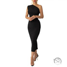Sleek black langry fashion one-shoulder midi dress with ruching