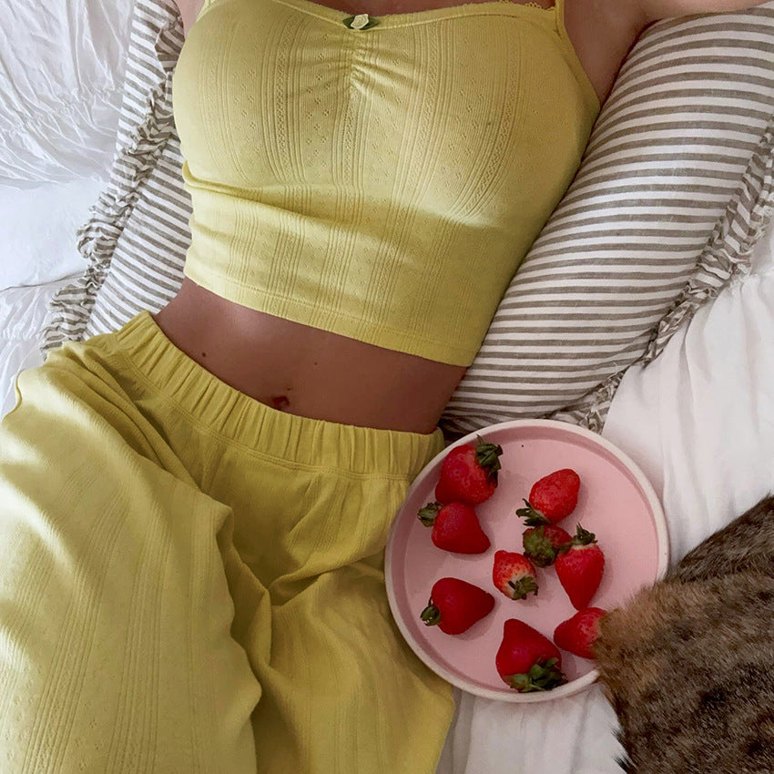 Yellow textured crop top with button detail in Langry fashion pajamas set