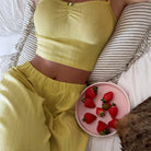 Yellow textured crop top with button detail in Langry fashion pajamas set