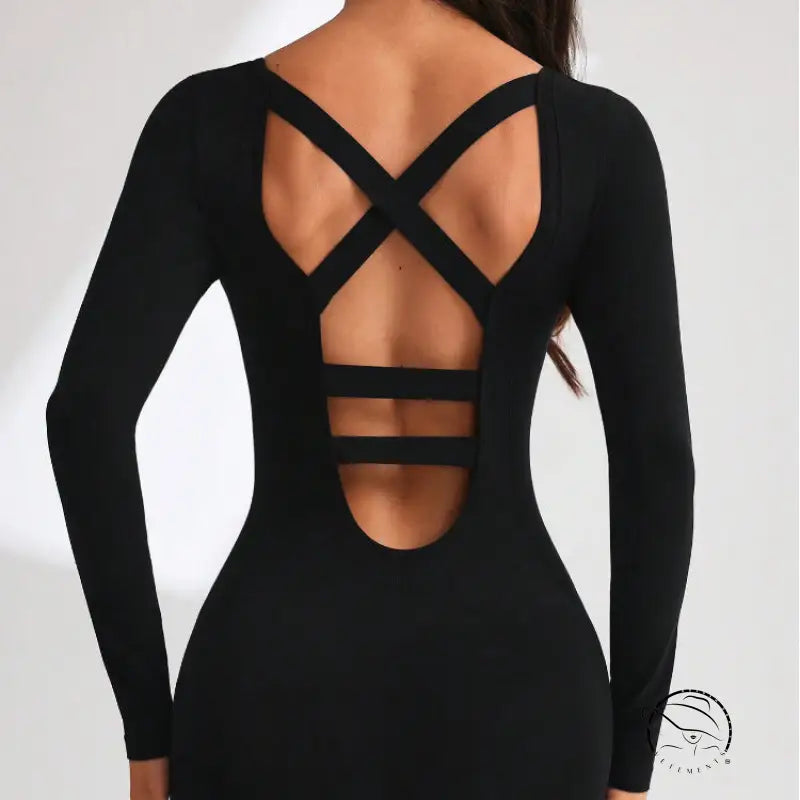 Black langry fashion ملابس: crisscross back yoga bodysuit