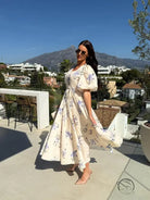 Enchanting puff sleeve large swing floral midi dress