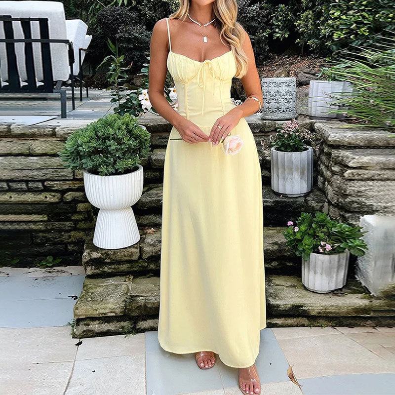 Elegant Lace up A line Dress in yellow, perfect for stylish langry fashion choices