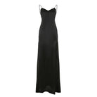 Sleeveless black satin maxi dress from Gorgeous Bare Back Split Dress in elegant fashion