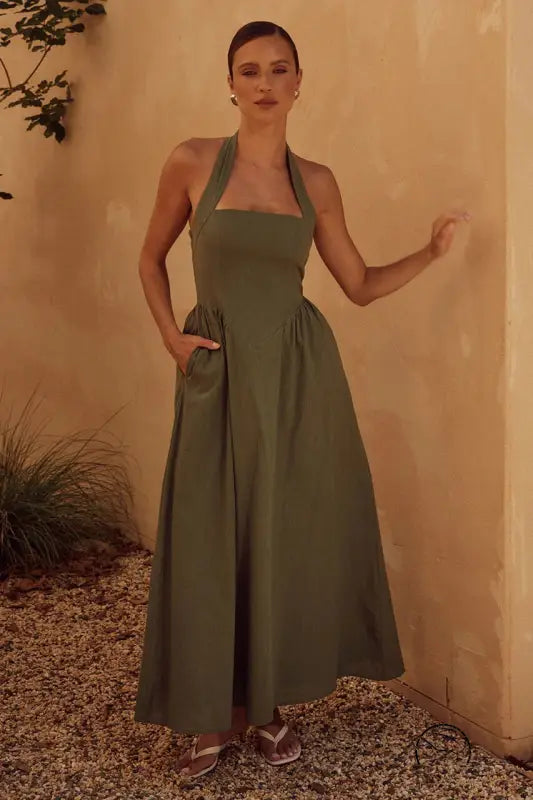 Olive green summer women wide camisole halter backless dress