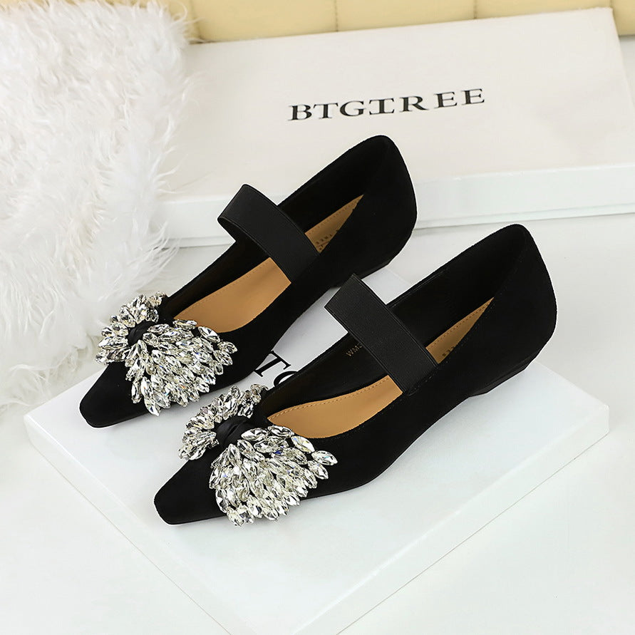 Langry fashion black suede ballet flats with silver embellishments