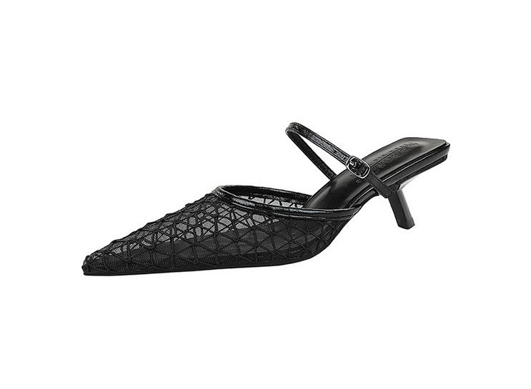 Langry fashion black woven leather kitten heel mule sandal with geometric pattern and ankle strap
