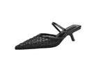 Langry fashion black woven leather kitten heel mule sandal with geometric pattern and ankle strap