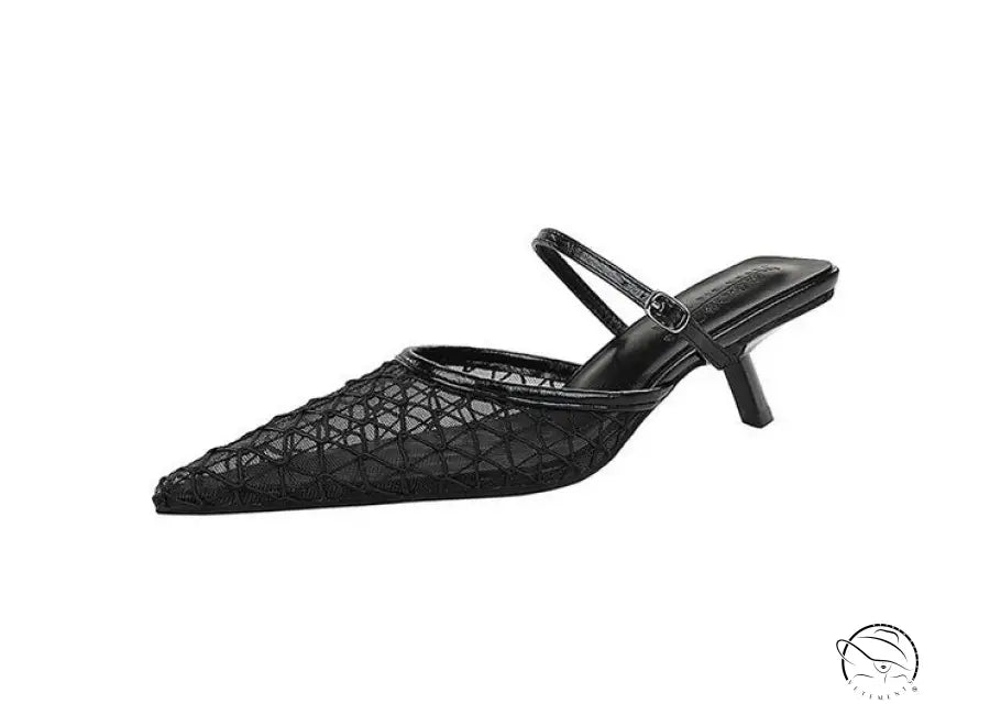 Langry fashion black woven leather kitten heel mule sandal with geometric pattern and ankle strap