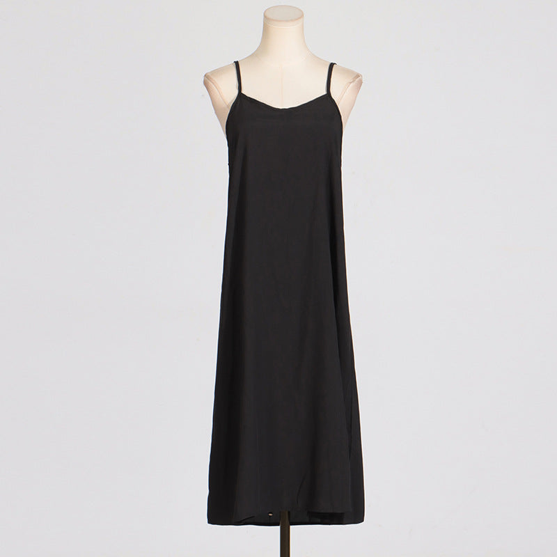 Elegant High Sense Black Lantern Sleeve Slip Dress with Floral Stitching Design