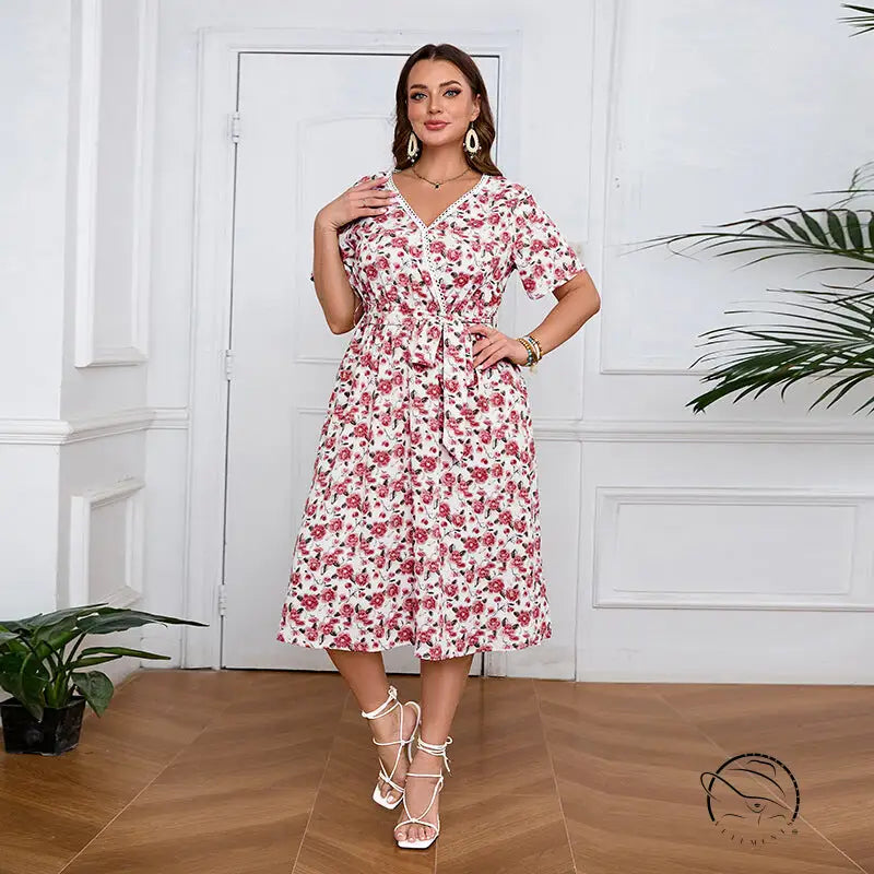 Boho lace floral dress: woman in white pink V-neck midi