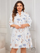 White floral print comfy loose mid length dress with mandarin collar