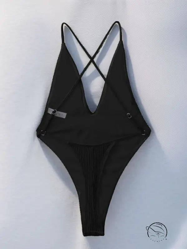 Attractive black one-piece bikini with crossed back straps in Langry fashion