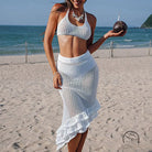 White crochet beach three layer lotus beveled skirt set with crop top