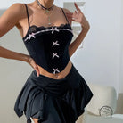 Black lace bow low cut corset vest with lace and ribbon details