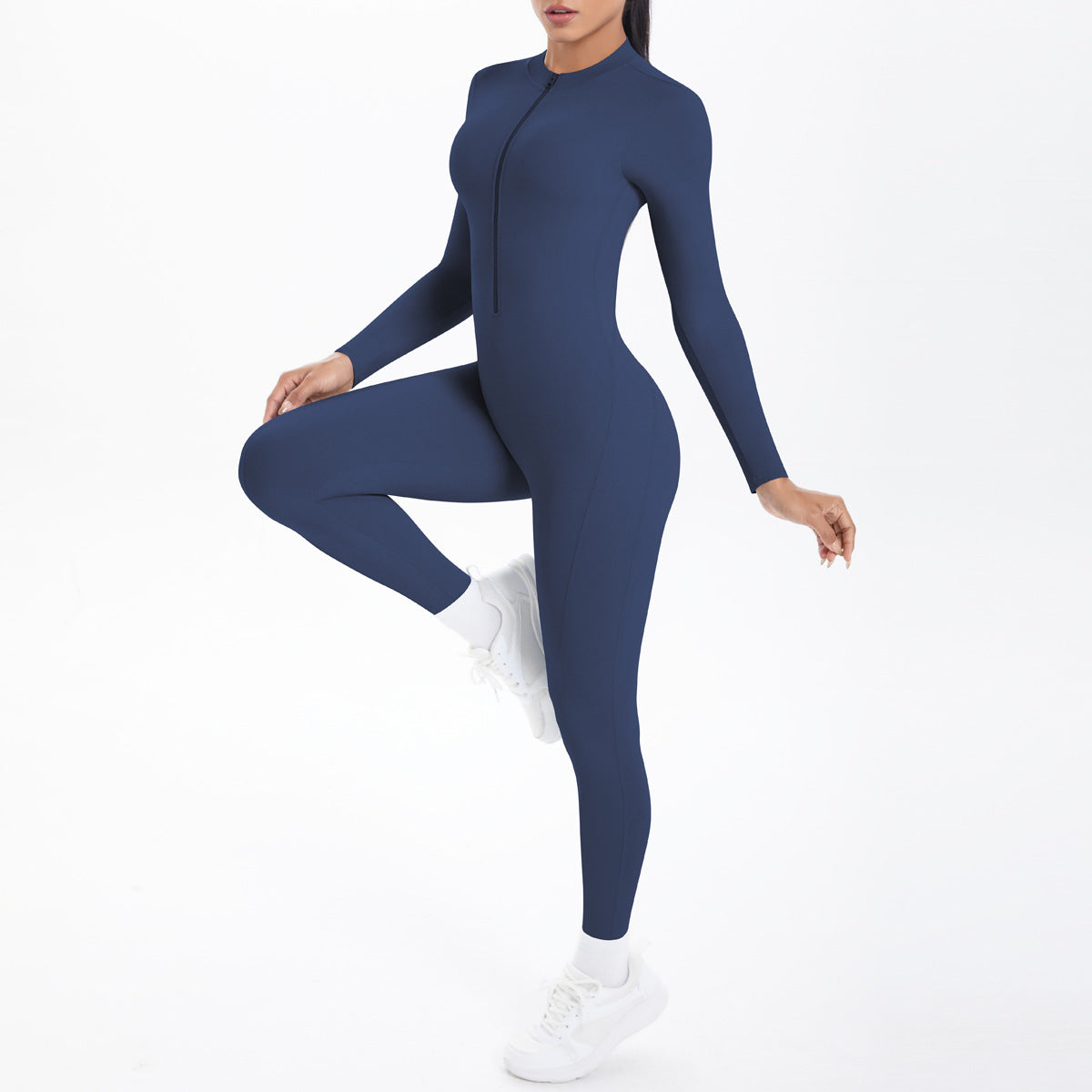 Navy blue long sleeve form-fitting yoga zipper one piece fashion suit
