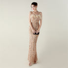 Langry fashion gold sequined mermaid gown with ostrich feathers and lace