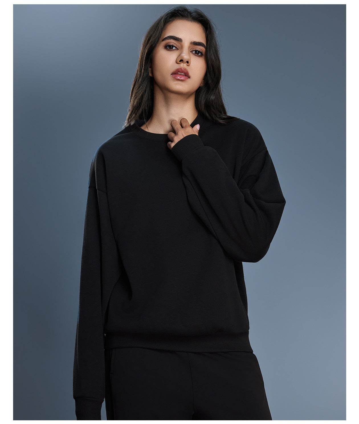 Black long sleeve casual cotton blend crew neck pullover hoodie
