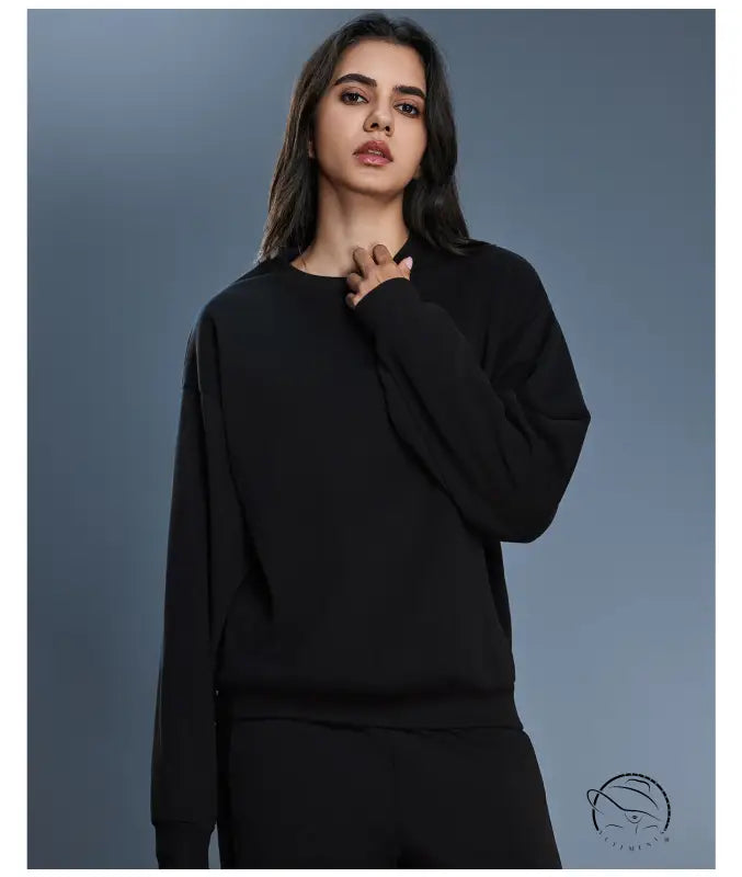 Black long sleeve cotton blend crew neck sweatshirt