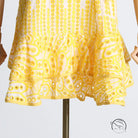 Yellow and white patterned summer machine embroidery waist slimming sundress