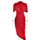 Elegant slim pleated dress in red with ruched draped shoulder and short sleeves