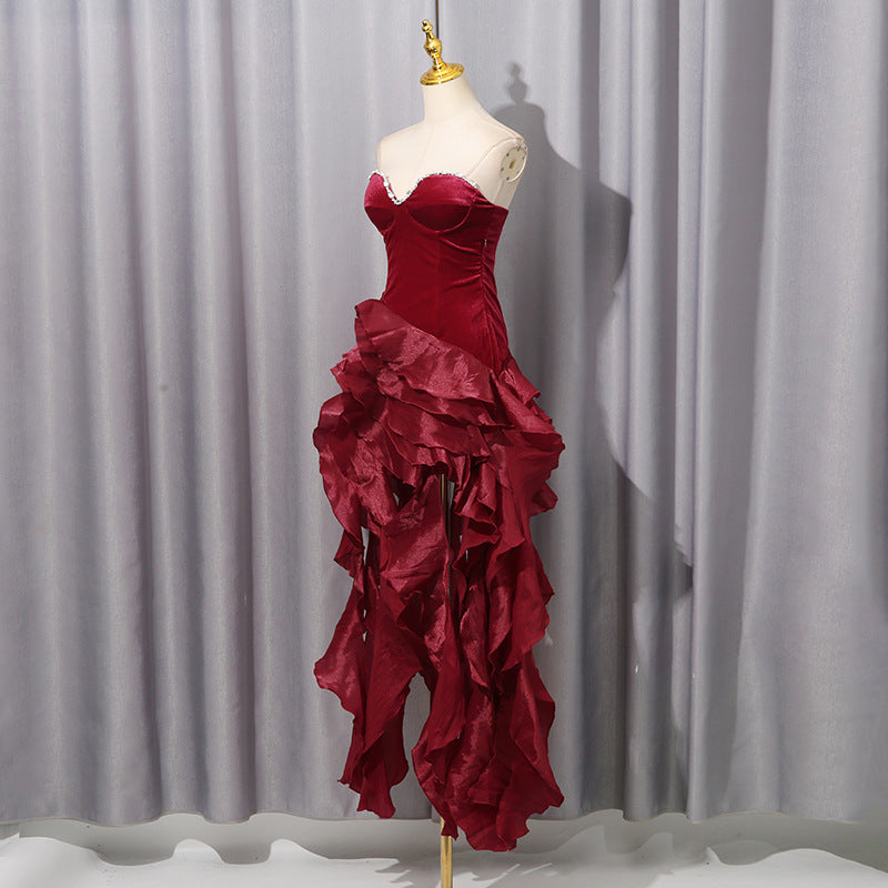 Enchanting langry red ruffled short evening dress in fashion ملابس