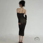 Stunning pure lace strapless black midi dress with langry fashion gloves