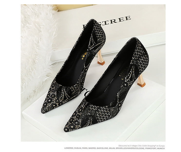 Langry fashion black high-heeled lace shoes with rhinestones