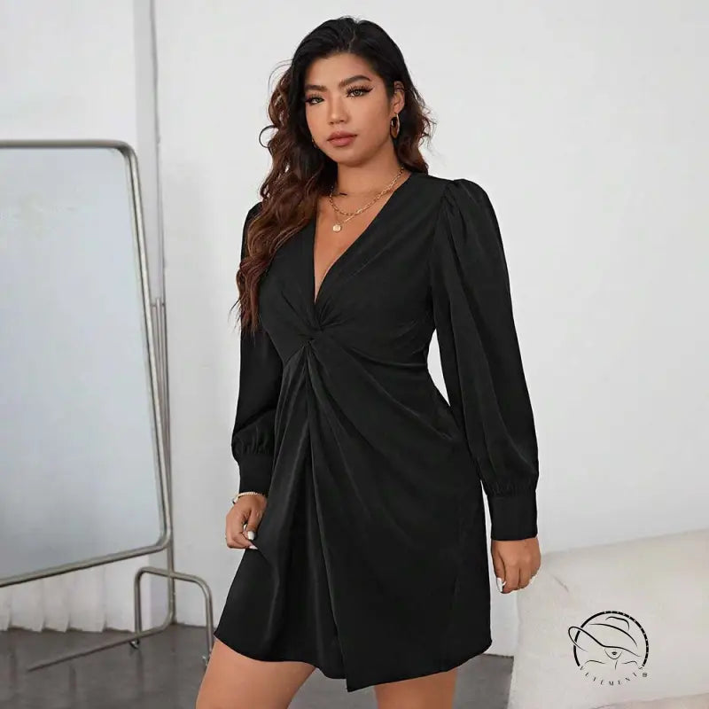 Elegant winter high sense dress on plus-size woman in black V-neck mini with puff sleeves