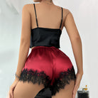 Red and black satin lingerie set with lace trim, Ice Silk fashion shorts two-piece