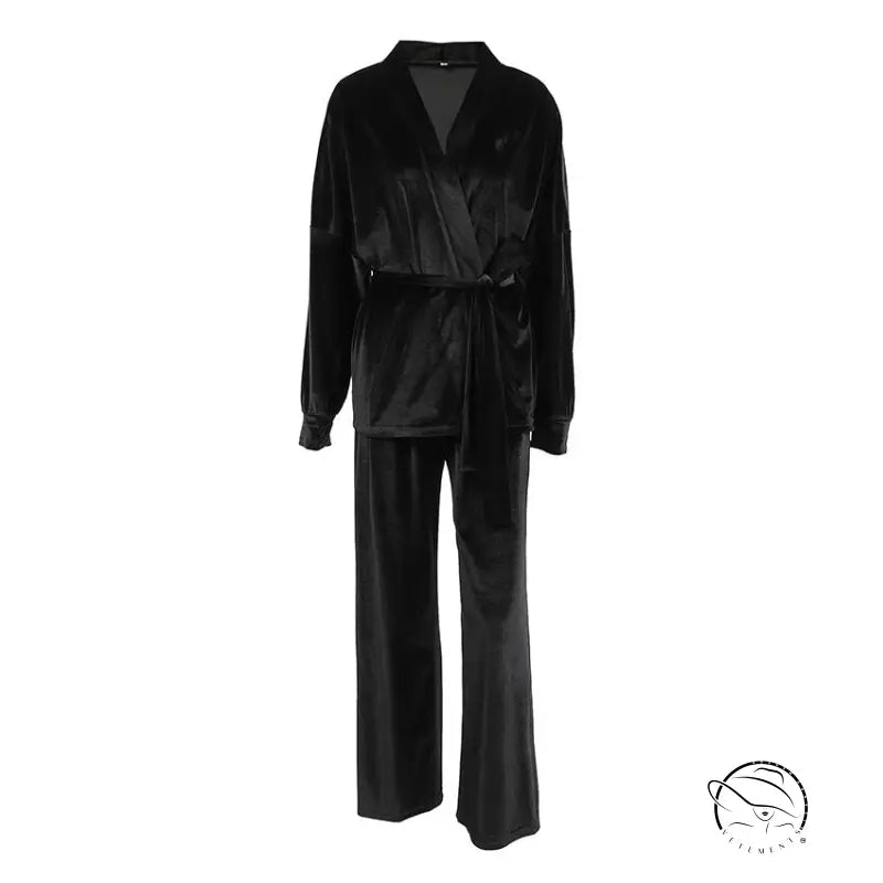 Black velvet comfortable cardigan thermal pajama set with wrap top and wide-leg pants