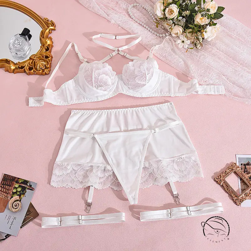 Sao Three Point Teasing lingerie set with white lace, floral embroidery and satin trim