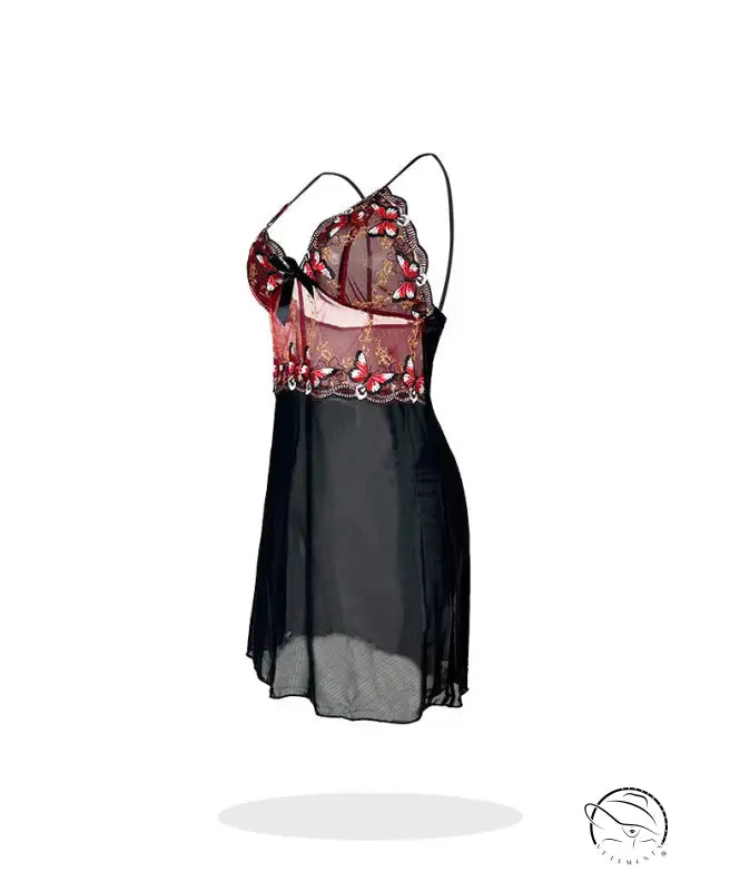Black lace Butterfly camisole with sheer floral overlay, langry fashion nightdress