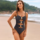 Black one-piece swimsuit with gold accents from Langry, ideal for stylish swimwear ملابس