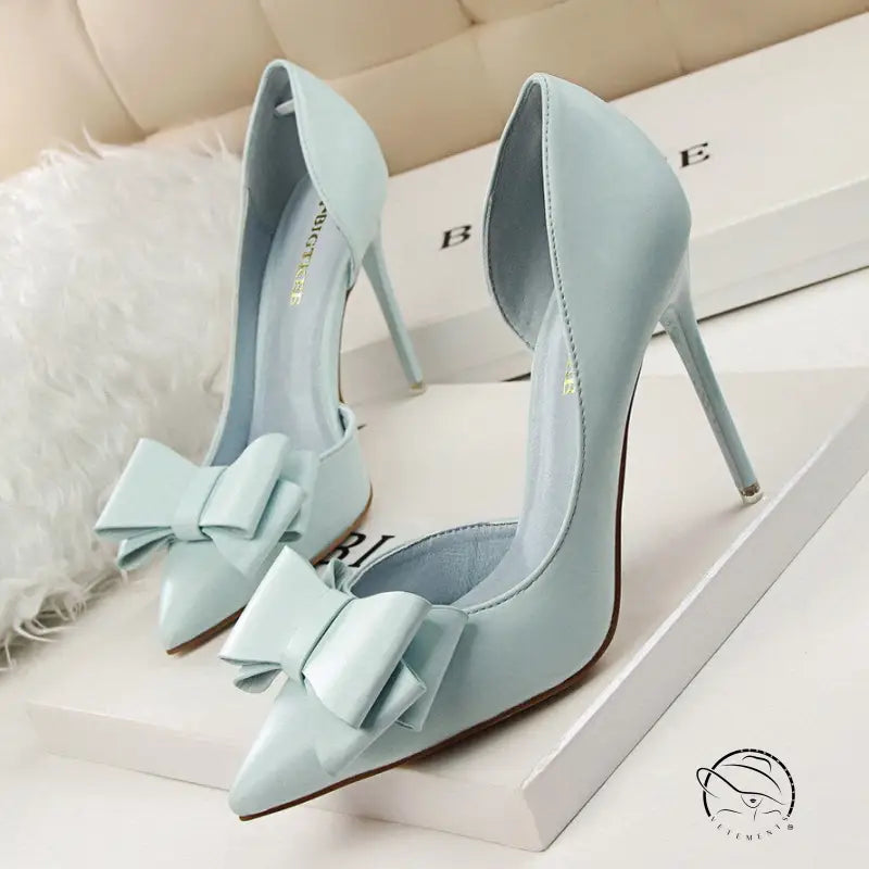 Pale blue Langry fashion stiletto heels with sweet bowknot toes