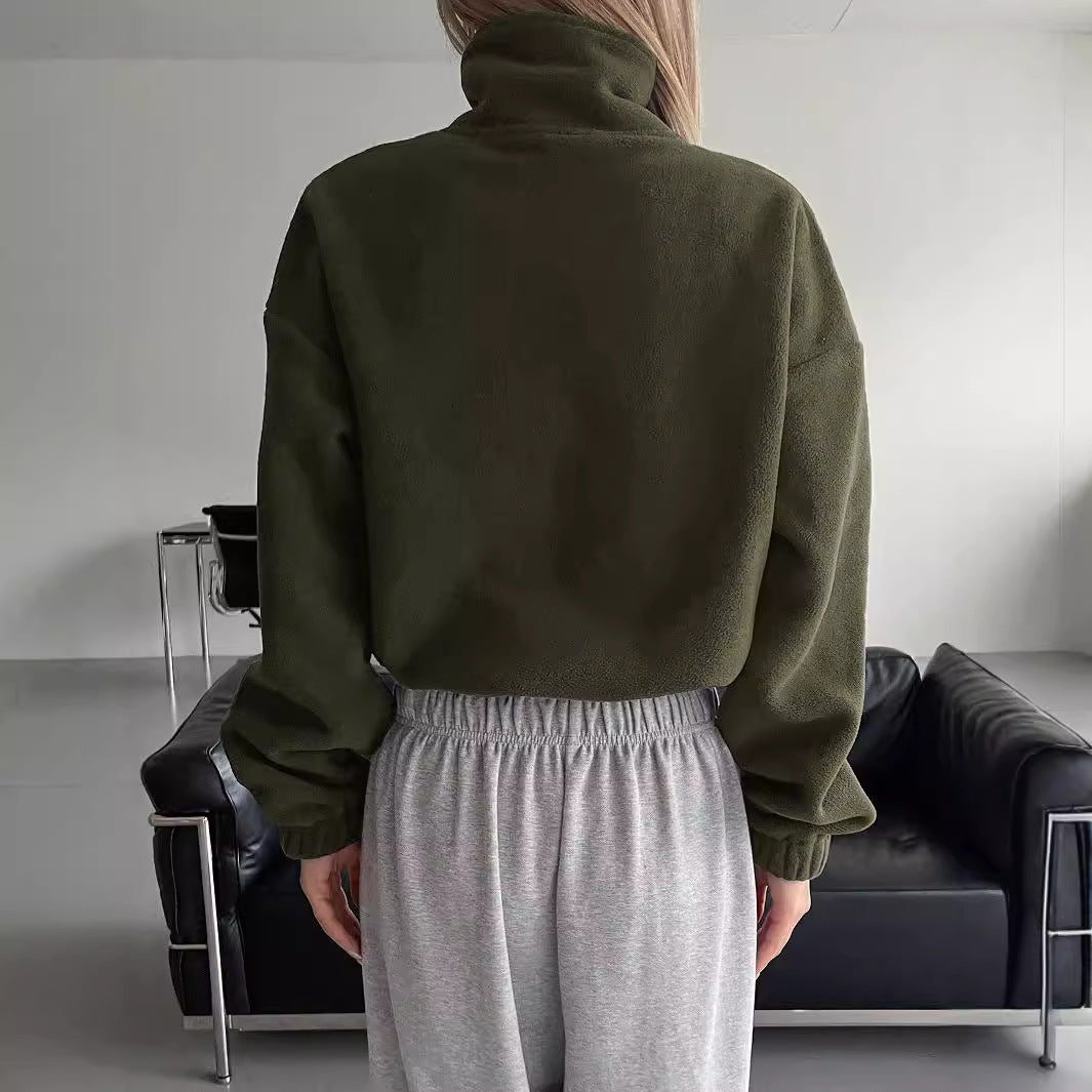 Langry olive green cropped fleece sweatshirt with high collar and elastic cuffs in fashion ملابس