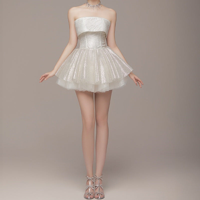 Elegant off Shoulder Short Dress featuring a strapless white sequined design in fashion