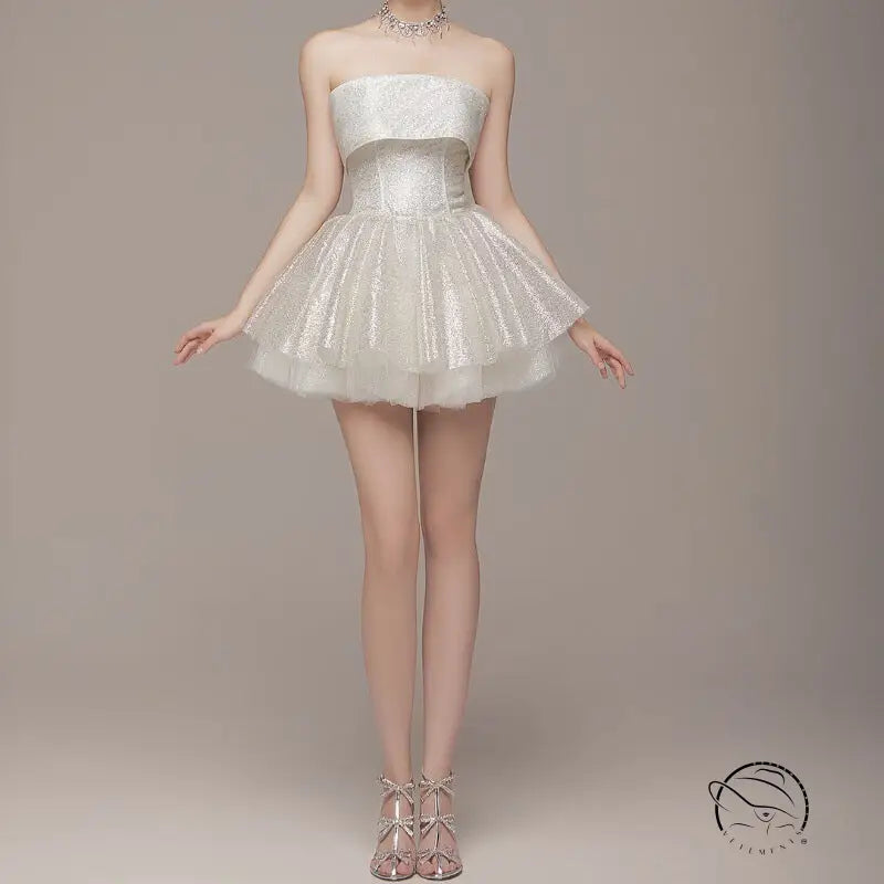 Elegant strapless white sequined short dress in Langry fashion