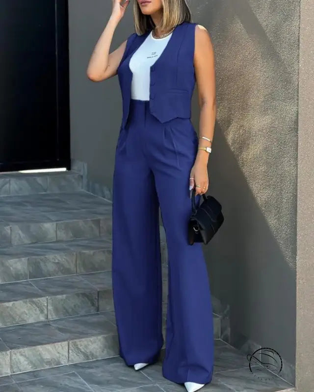 Elegant vest jacket wide leg pants set in blue sleeveless design