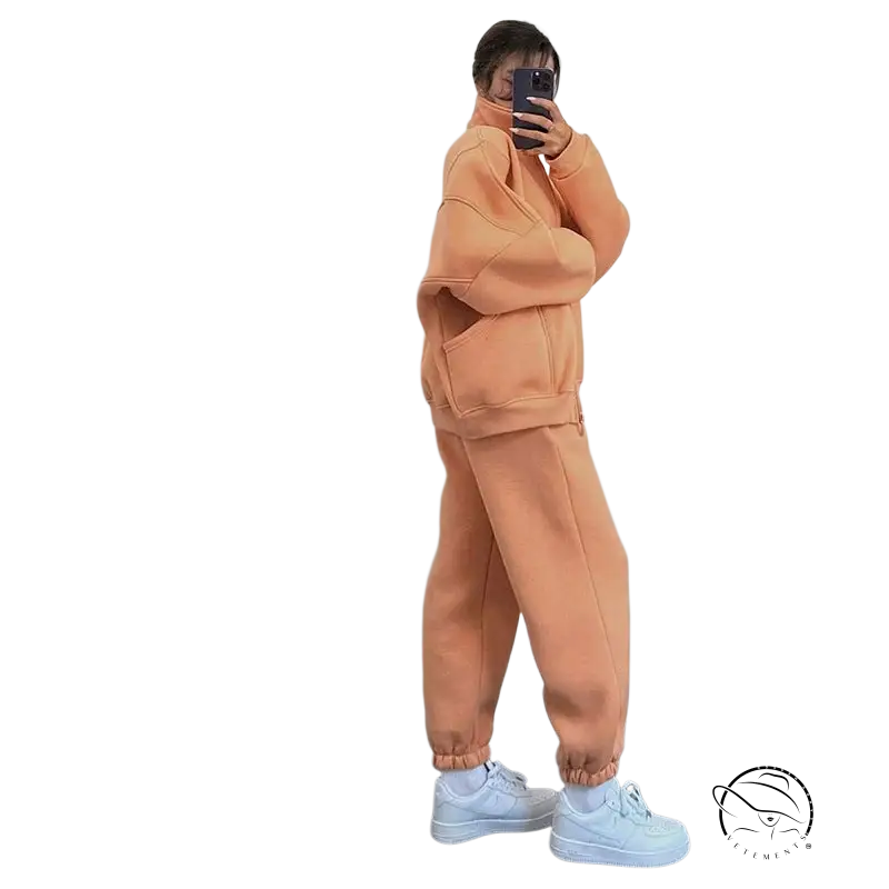 Comfy stand collar cardigan sweater suit in peach fleece